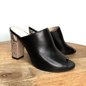Club Monaco Italy Leather Peep Toe Mule Snake Heel Black